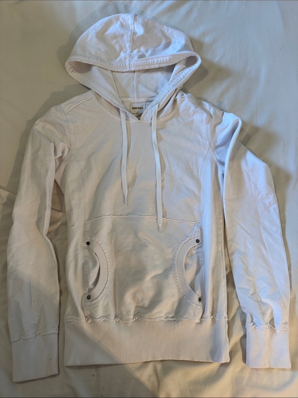Diesel White Hooded Sweatshirt with Front Pockets